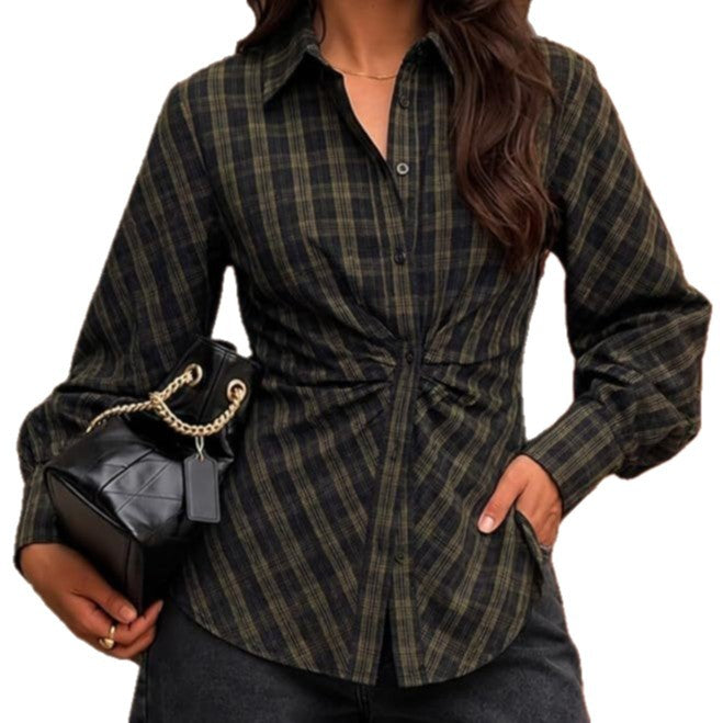 Vintage Brown Checkered Collared Long Sleeve Slim Fit Blouse