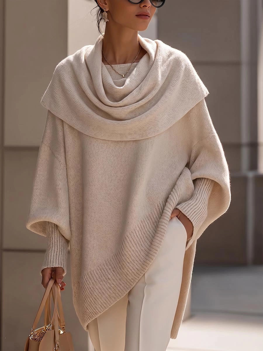 Women's Solid Cowl Neck Oversized Asymmetric Hem Knit Tunic Sweater
