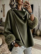 Wrap Cape Coat with Faux Fur Cuffs