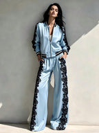 Bomber Jacket & Wide?Leg Pants Two?Piece Set with Black Lace Trim