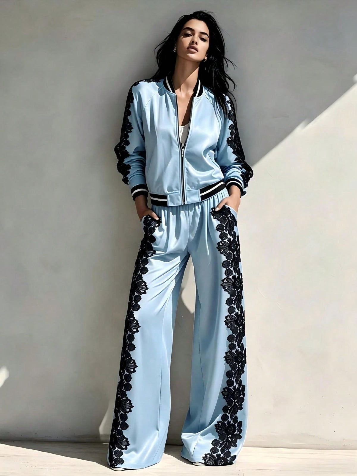 Bomber Jacket & Wide?Leg Pants Two?Piece Set with Black Lace Trim