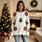 Christmas Tree & Snowflake Pattern Scalloped Hem Oversized Knit Sweater