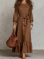 Button?Front Tie?Waist Tiered Ruffle Maxi Dress