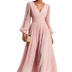 Pleated Chiffon Midi Dress with Balloon Sleeves