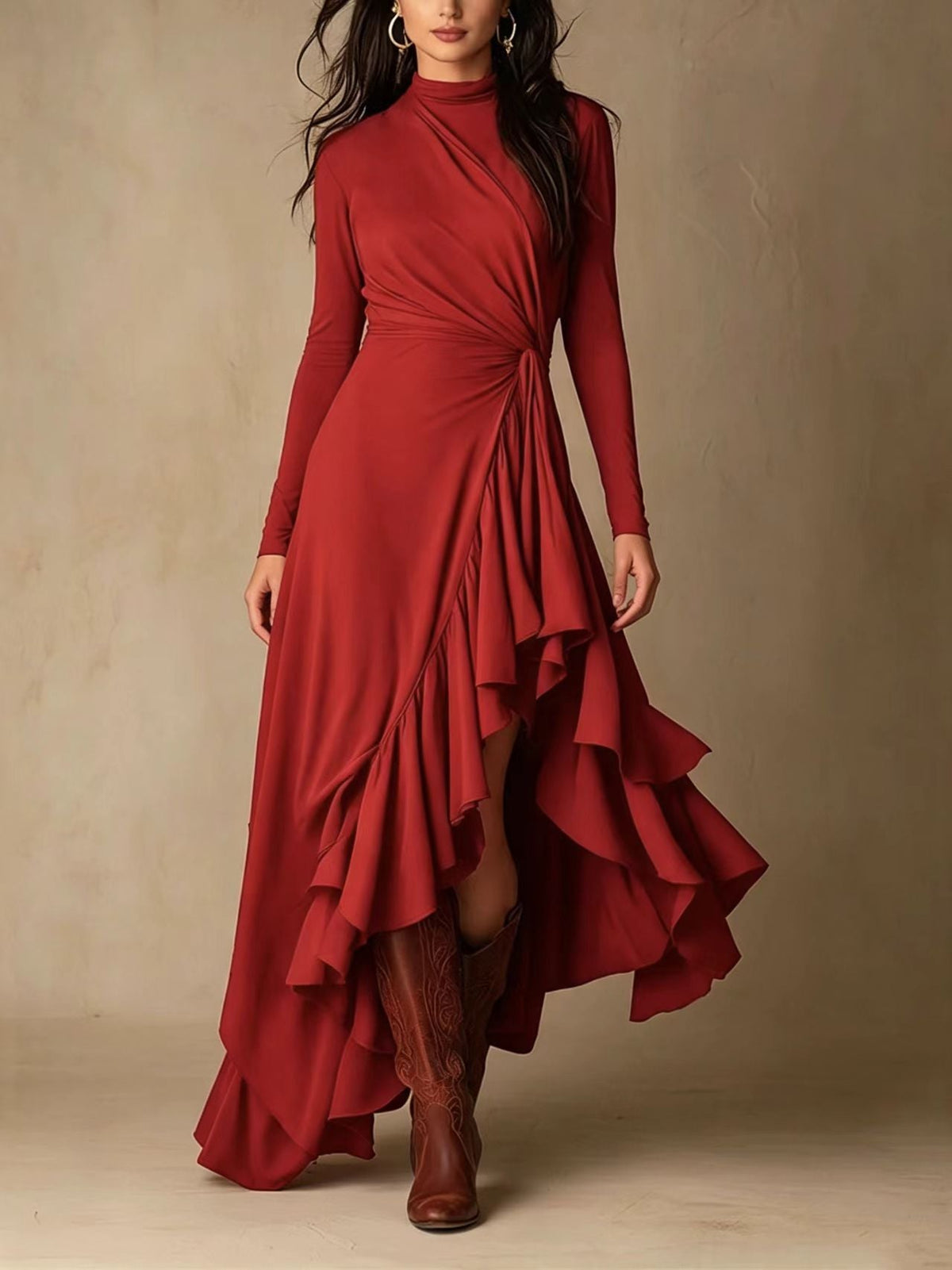 Mock Neck Wrap Dress with Asymmetric Ruffle Hem