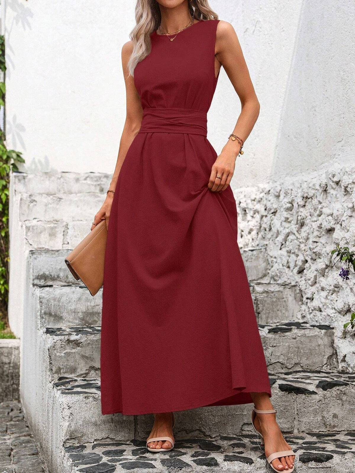 Sleeveless Wrap?Tie Waist Maxi Dress