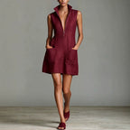 Linen Stand Collar Half Zip Sleeveless Pocket Mini Shift Dress