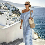 One Shoulder Cold Shoulder Puff Sleeve Striped Maxi Dress