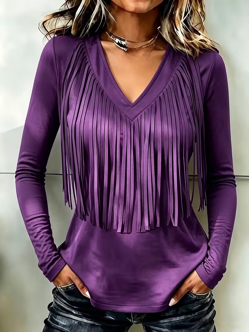 Vintage Elegant Cotton Blend Patchwork Fringed T-shirt
