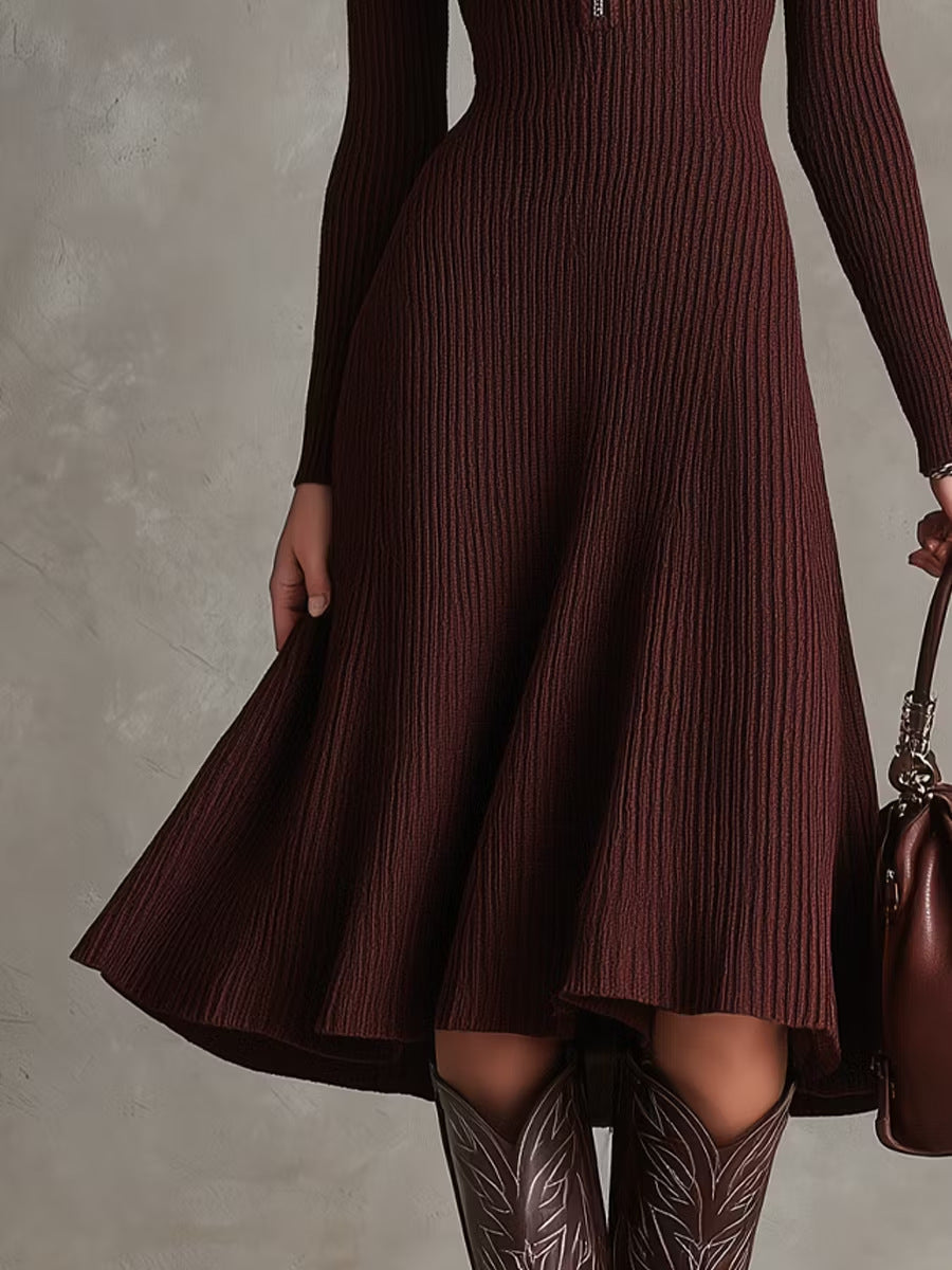 Half?Zip Ribbed Knit Fit?and?Flare Midi Sweater Dress