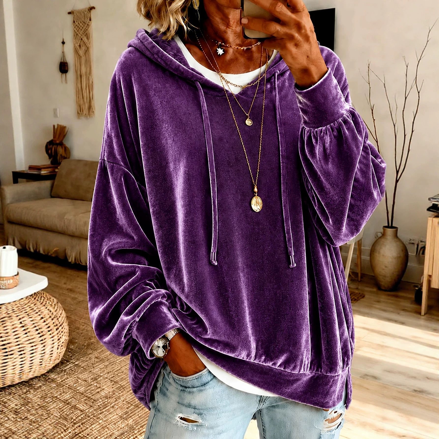 Women‘s Loose Velvet Drawstring Hoodie