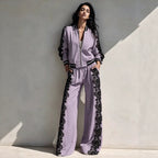 Bomber Jacket & Wide?Leg Pants Two?Piece Set with Black Lace Trim
