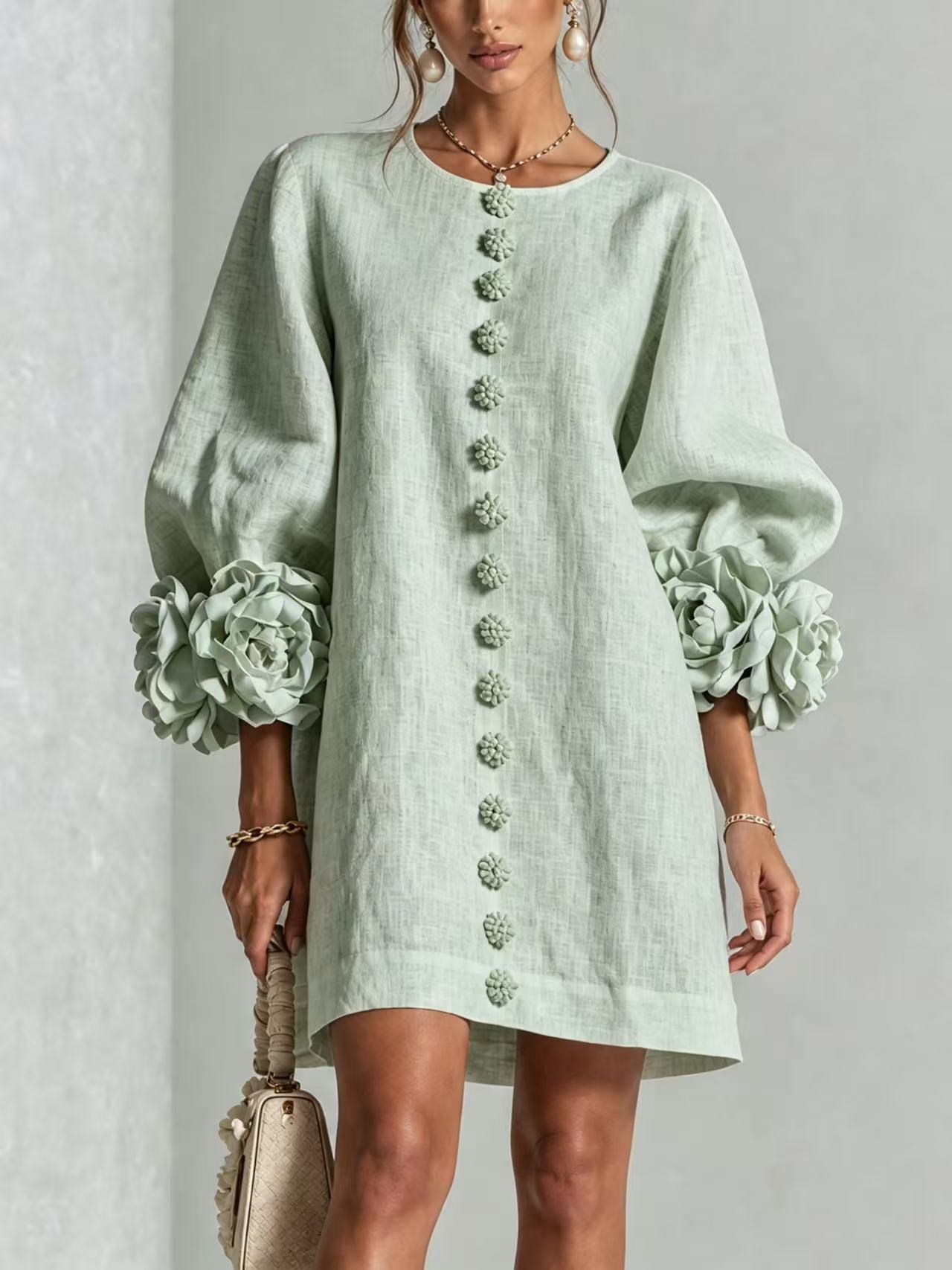 Blush Pink Fabric Floral Appliqué Balloon‑Sleeve Shift Mini Dress