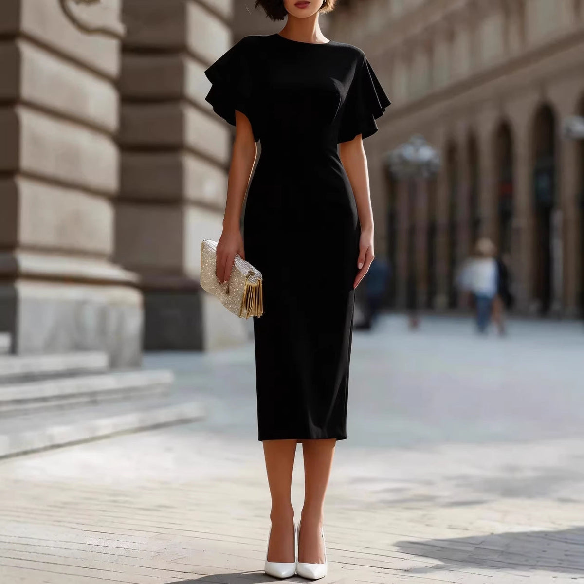 Round Neck Double?Layer Ruffle Flutter Sleeve Bodycon Midi Dress