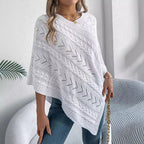 Cable Knit Hollow Out V-Neck Poncho Sweater Cape