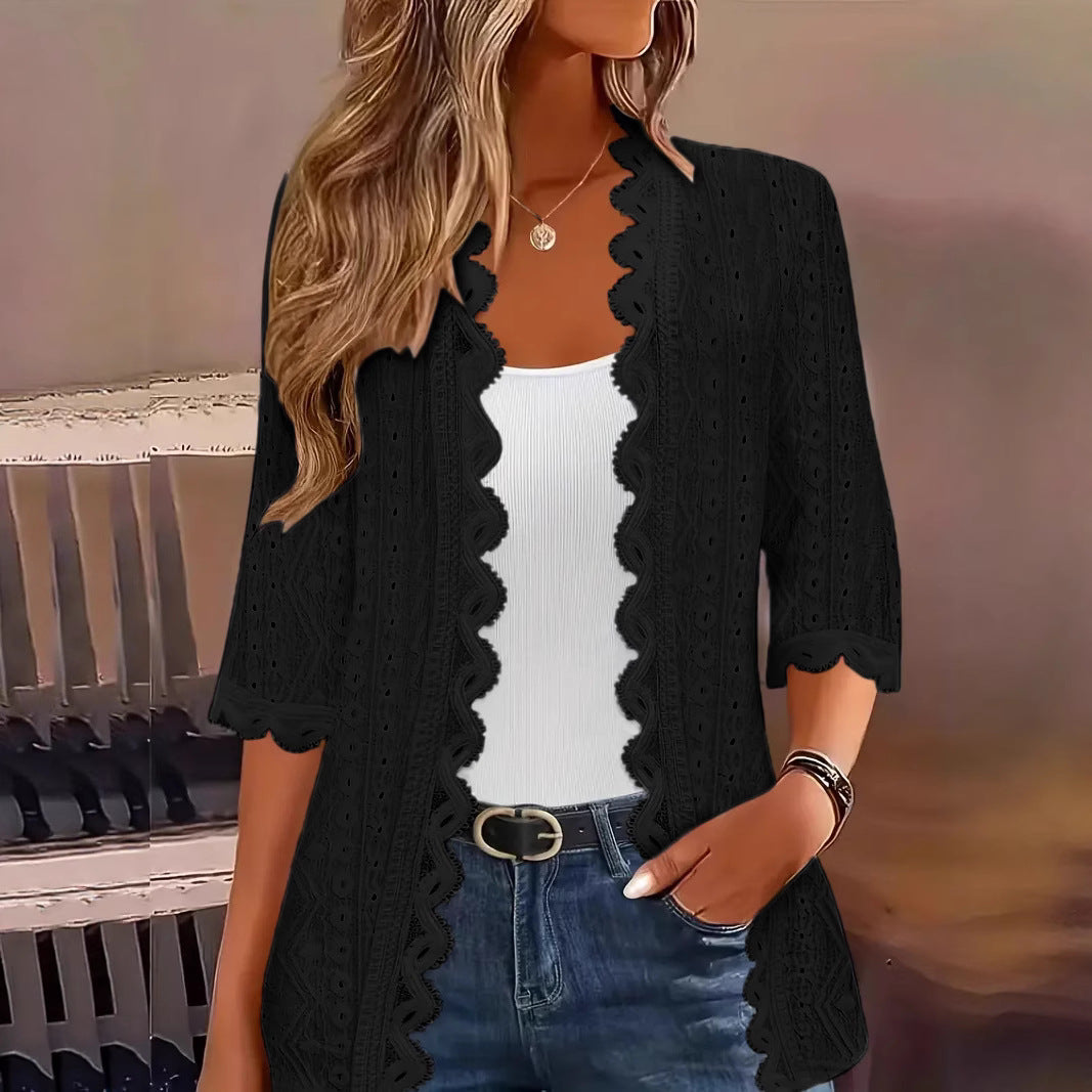 Women's Scallop Trim Lace Open‑Front Cardigan