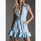 Denim Ruffle Sleeveless Zip Front Mini Dress
