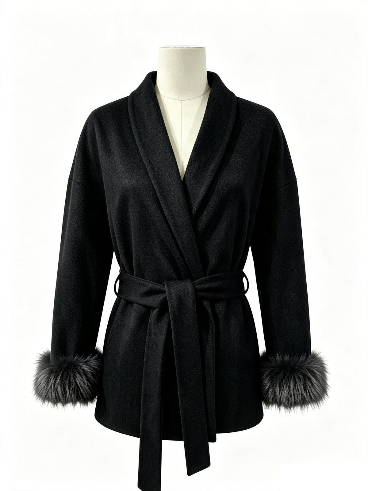 Cozy Belted Wrap Coat with Plush Fur Cuffs