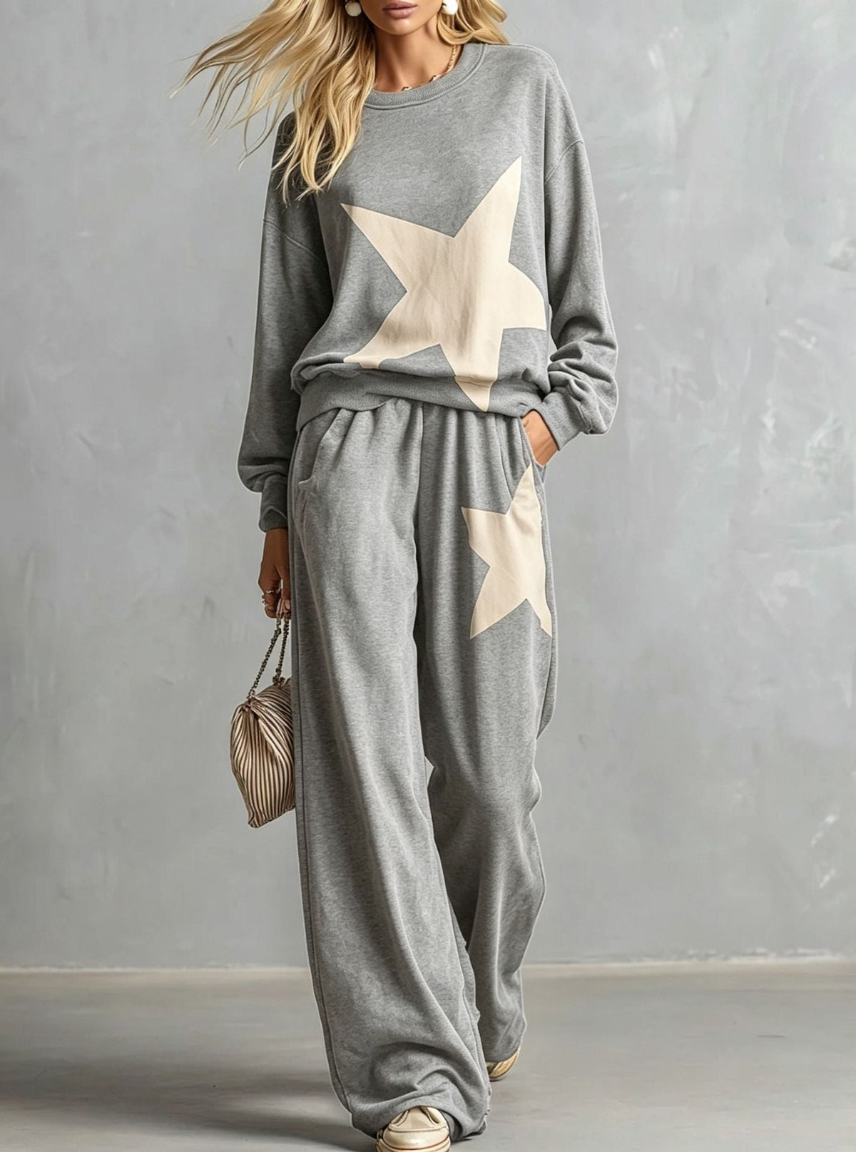 Casual Loose Fit Star Print Sweatshirt Set Ladies Travel Two Piece Tracksuit