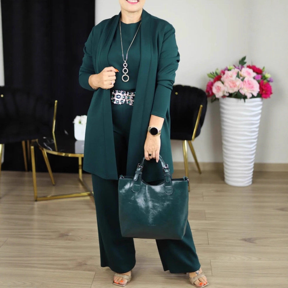Women's Solid Color Round Neck Long-Sleeved 3-Piece Set