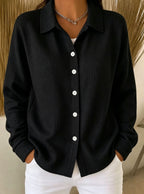 Women¡¯s Light Blue Waffle Knit Lapel Button Down Long Sleeve Shirt - Black / S