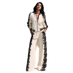Bomber Jacket & Wide?Leg Pants Two?Piece Set with Black Lace Trim