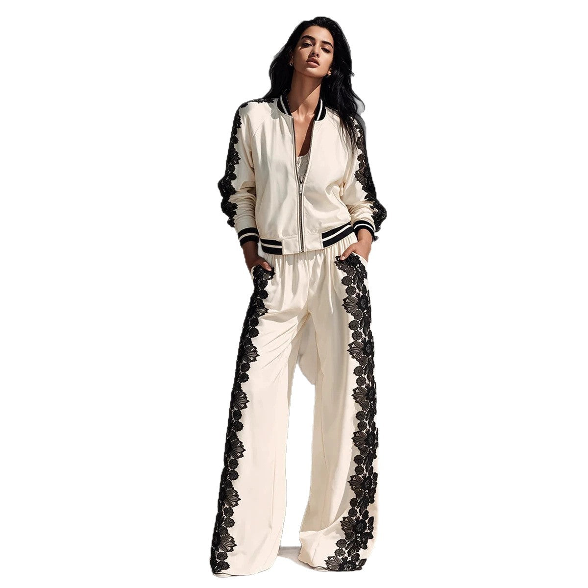 Bomber Jacket & Wide?Leg Pants Two?Piece Set with Black Lace Trim