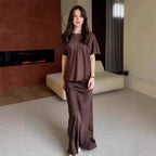 Solid Color Round Neck Short-Sleeved Casual Satin Temperament Skirt