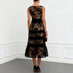 Nude Mesh Black Floral Lace Velvet Strip Sleeveless Midi Dress