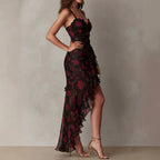Black Flower Print Irregular Ruffle Suspender Dress