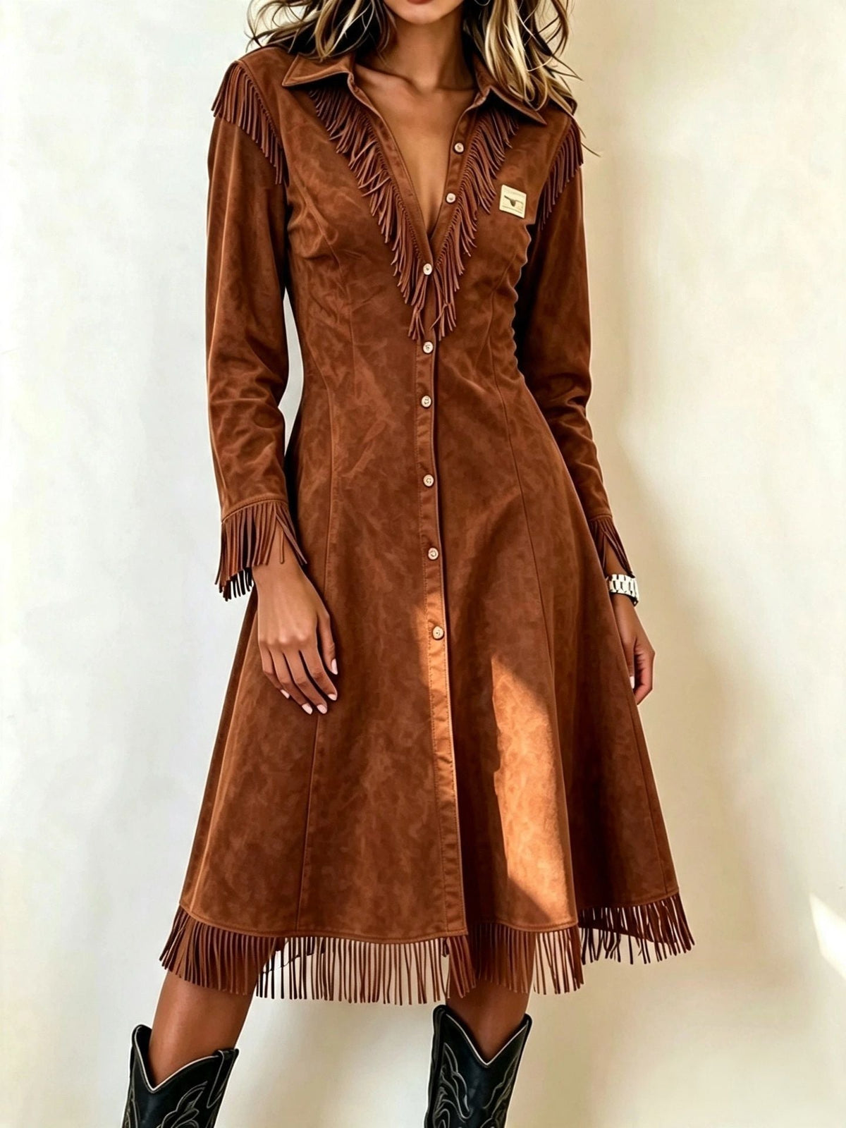 Western Suede?Effect Fringe Button?Front Midi Dress - dark brown / S