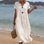 Women's Linen‑Blend Notched Neck Button Detail Maxi Dress