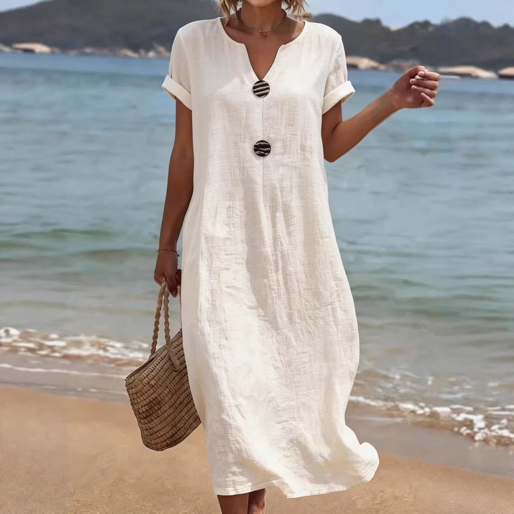 Women's Linen‑Blend Notched Neck Button Detail Maxi Dress