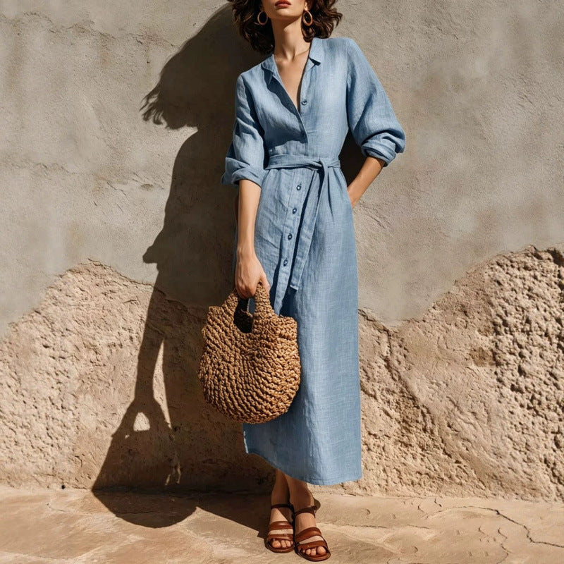 Linen?Blend Belted Button?Front Collared Midi Shirt Dress