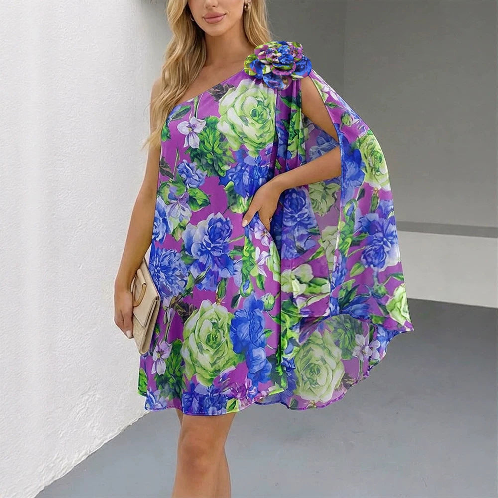Women's One Shoulder Chiffon Mini Dress with Floral Applique and Cape Sleeve