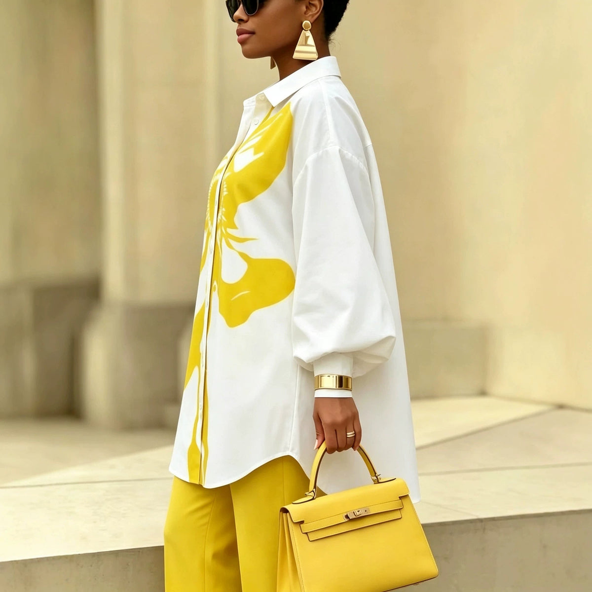 Abstract Print Balloon Sleeve Shirt – Oversized Button-Down