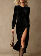 Women's Velvet Round Neck Long Puff Sleeve Ruched Side Slit Maxi Dress