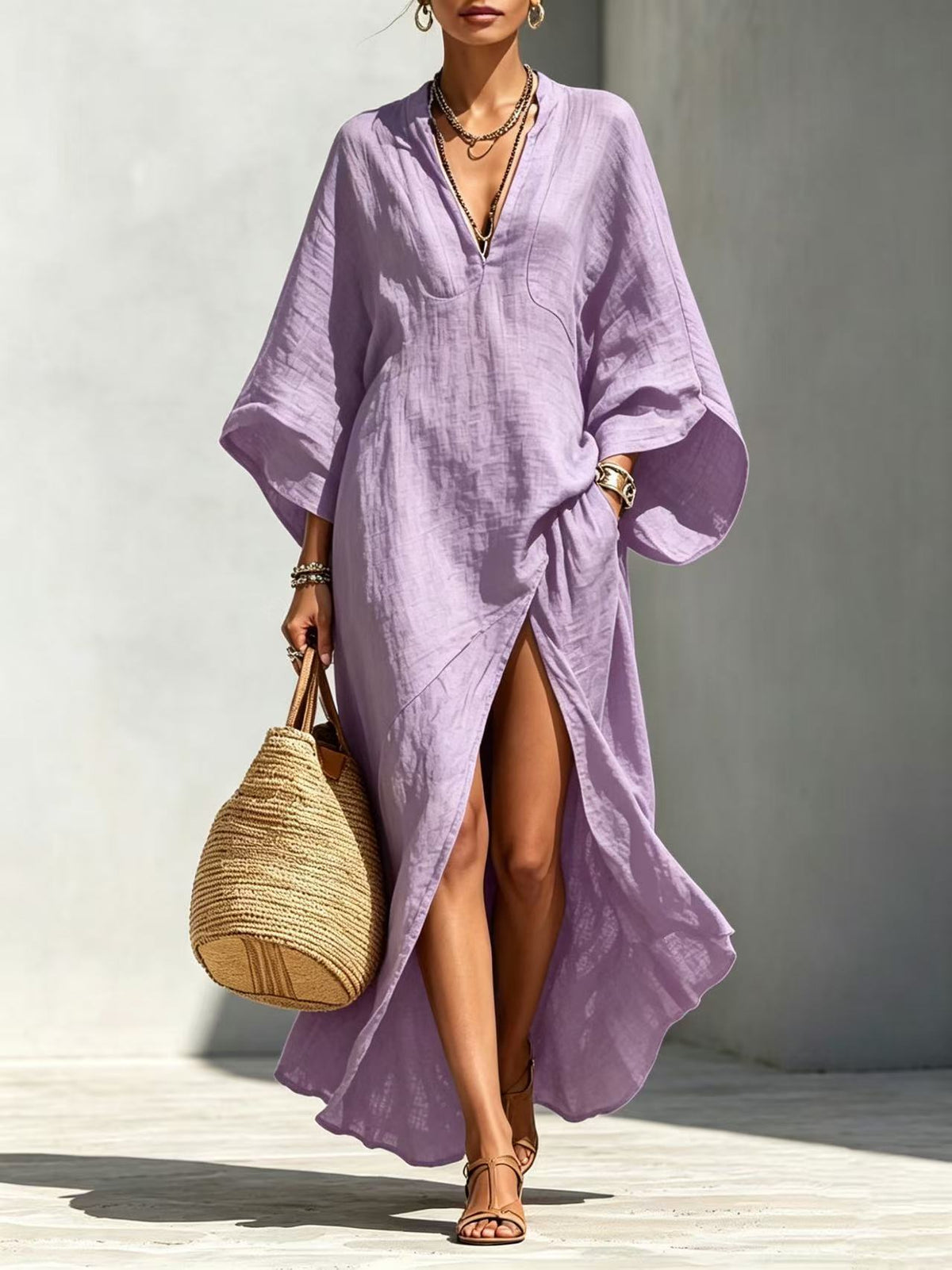 Linen?Blend V?Neck Kaftan Maxi Dress