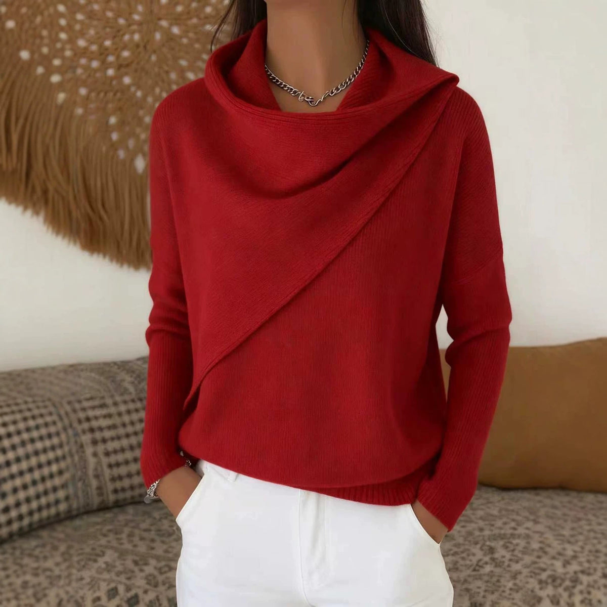 Draped Cowl Neck Long Sleeve Knit Sweater Top