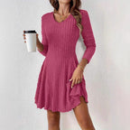 Ribbed Knit V‑Neck Long‑Sleeve Flared Mini Dress