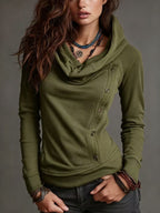 Women Cowl Neck Hooded Sweatshirt Asymmetric Button Long Sleeve Slim Fit Hoodie