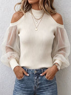 Women's Mock Neck Cold‑Shoulder Mesh Puff Sleeve Ribbed Knit Top