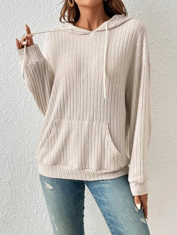 Ribbed Knit Drawstring Hoodie with Kangaroo Pocket