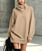 Women's Solid Pink Button-Detail Cowl Neck Long Sweatshirt Tunic Dress
