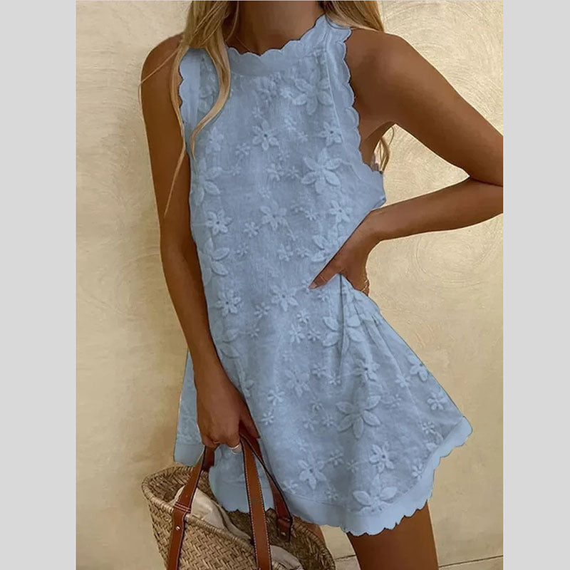 Floral Embroidered Scalloped Sleeveless Romper