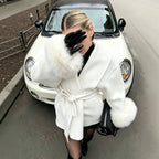 Cozy Belted Wrap Coat with Plush Fur Cuffs