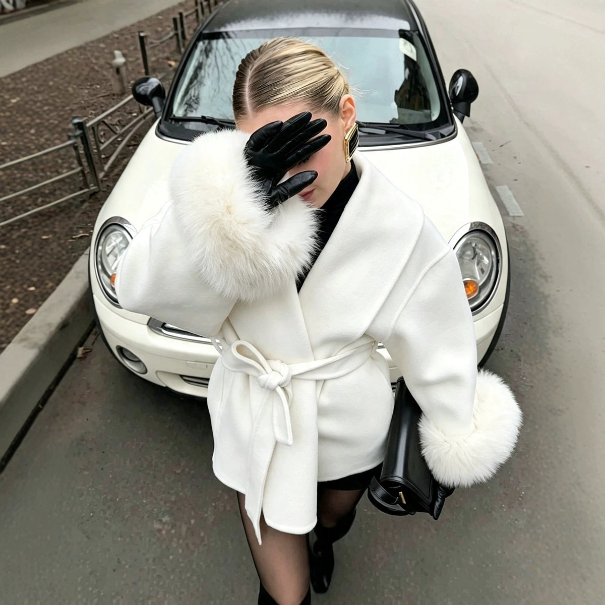 Cozy Belted Wrap Coat with Plush Fur Cuffs