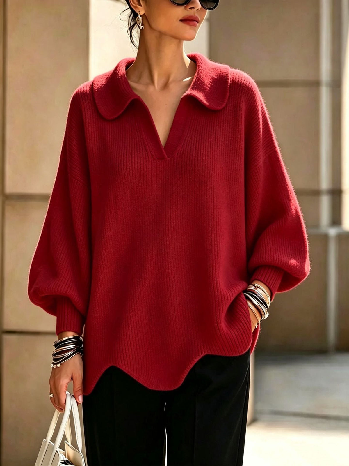 Peter Pan Collar V-Notch Oversized Rib Knit Sweater