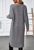 Round Neck Long Sleeve Wrap Asymmetrical Hem Knit Midi Cardigan