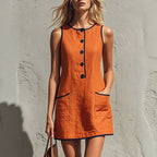 Sleeveless Button Front Casual Mini Dress with Pockets